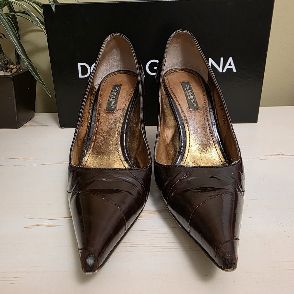 Dolce & Gabbana | Dark Brown Leather Pointed-Toe Pumps Sz 36.5 - Picture 5 of 12